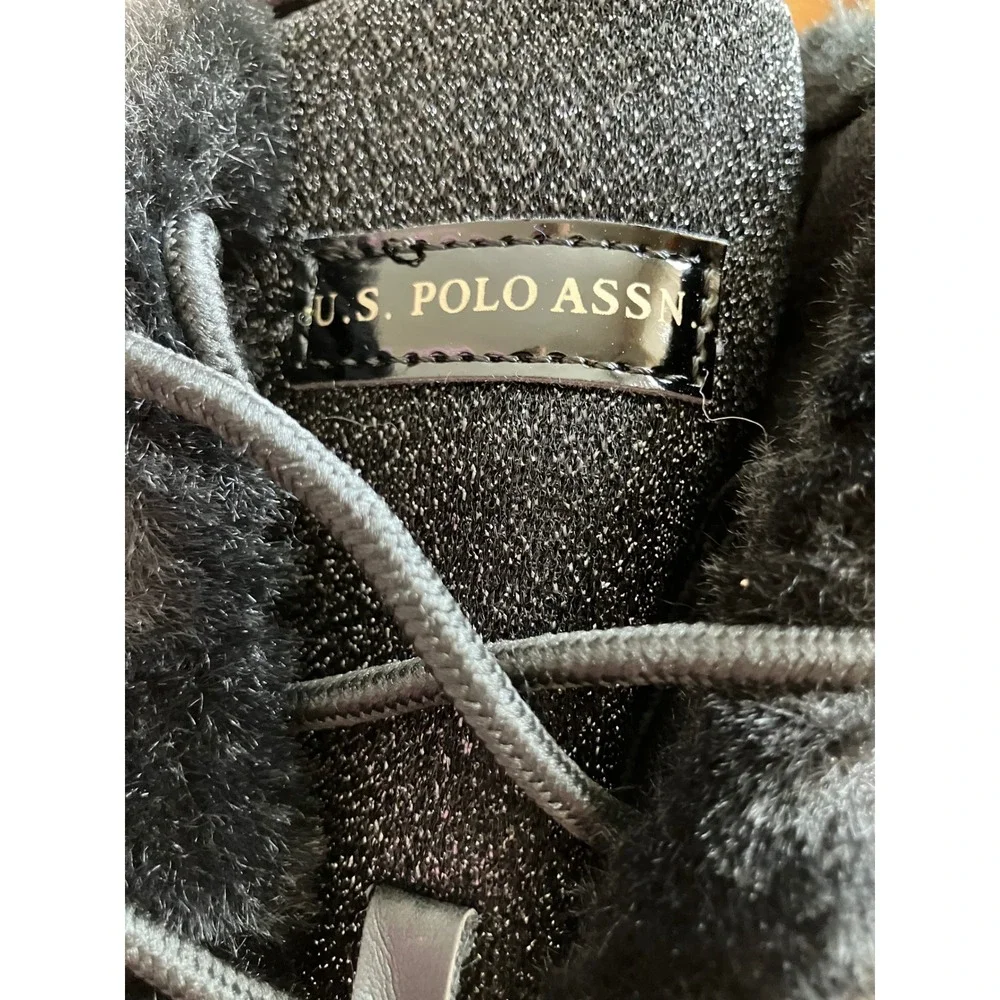 US Polo Assn Black Glitter Quilted Fur Trim Winter Snow Boots‎ Girls Size 6 Logo